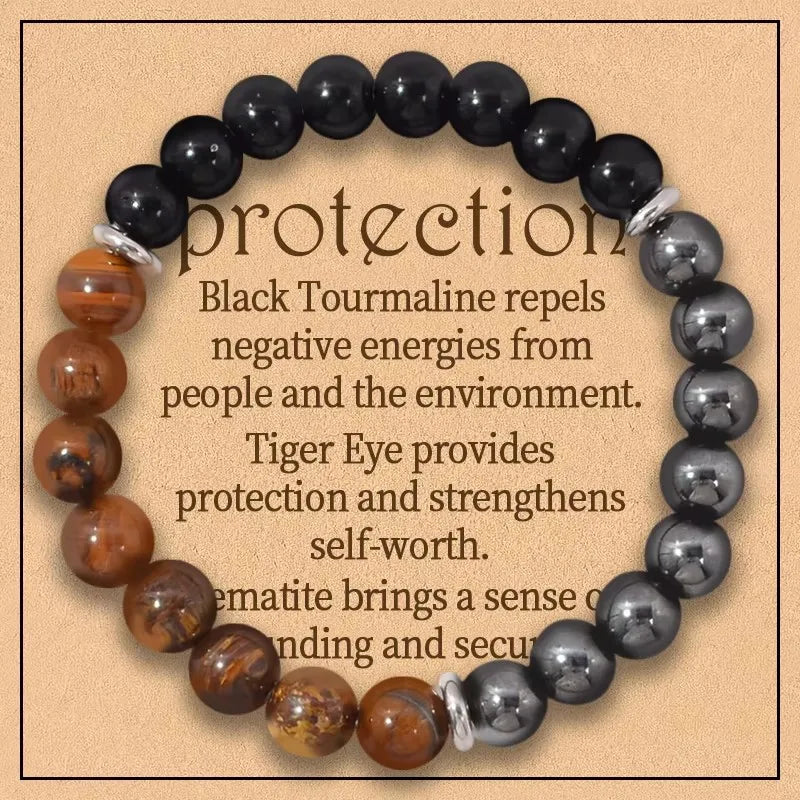 Triple Protection Bracelet:Tiger Eye, Black Obsidian, & Hematite 8Mm round Protection Crystals (Gemstone Stretch Bracelet)