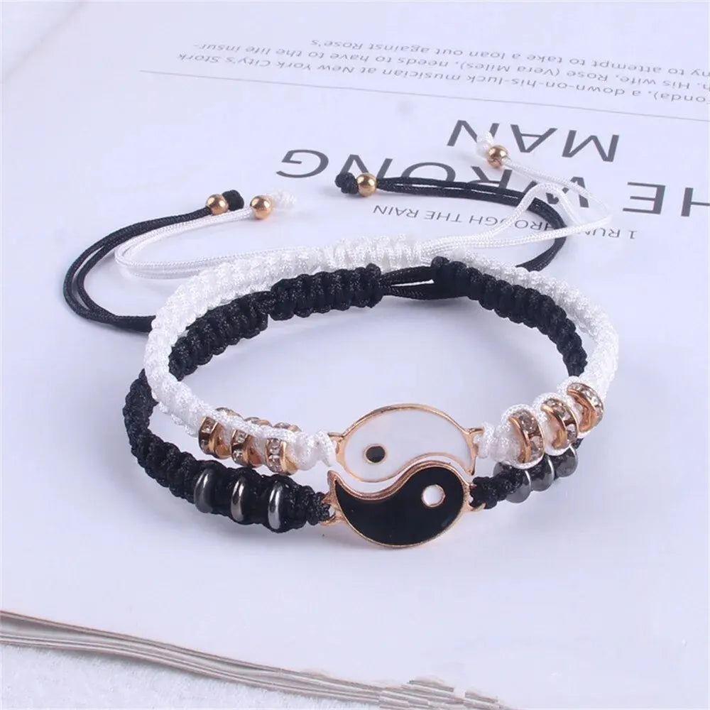 Couple Black White Tai Chi Adjustable Bracelet Rope Chain Set