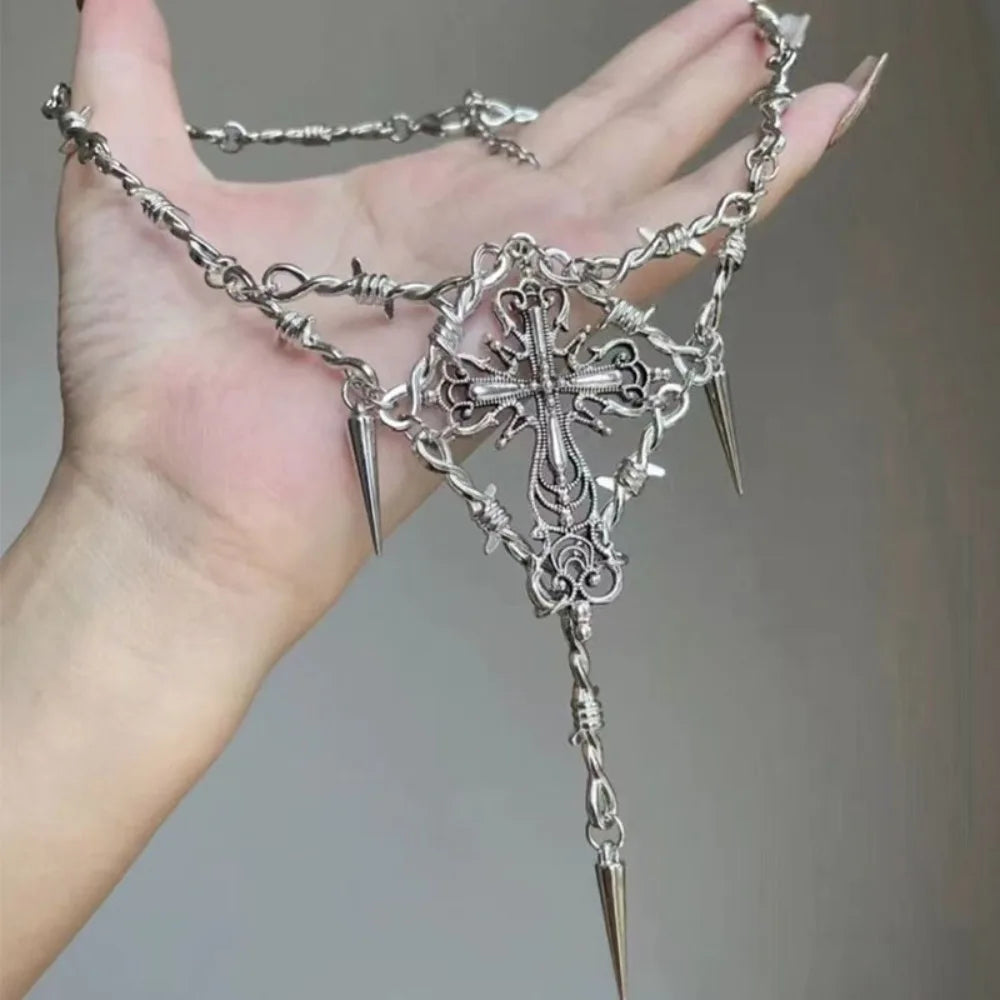 Y2k Gothic Cross Necklace for Women Men Jewelry Cross Pendant Punk Barbed Wire Thorns Metal Necklace Jewelry