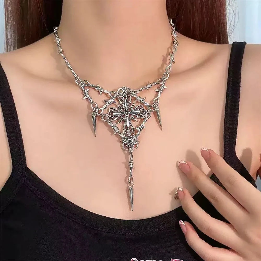 Y2k Gothic Cross Necklace for Women Men Jewelry Cross Pendant Punk Barbed Wire Thorns Metal Necklace Jewelry