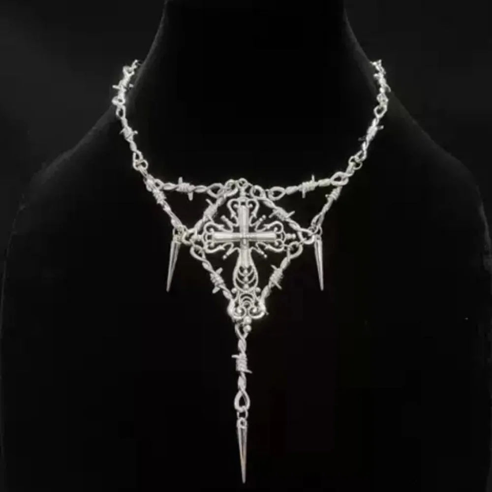 Y2k Gothic Cross Necklace for Women Men Jewelry Cross Pendant Punk Barbed Wire Thorns Metal Necklace Jewelry