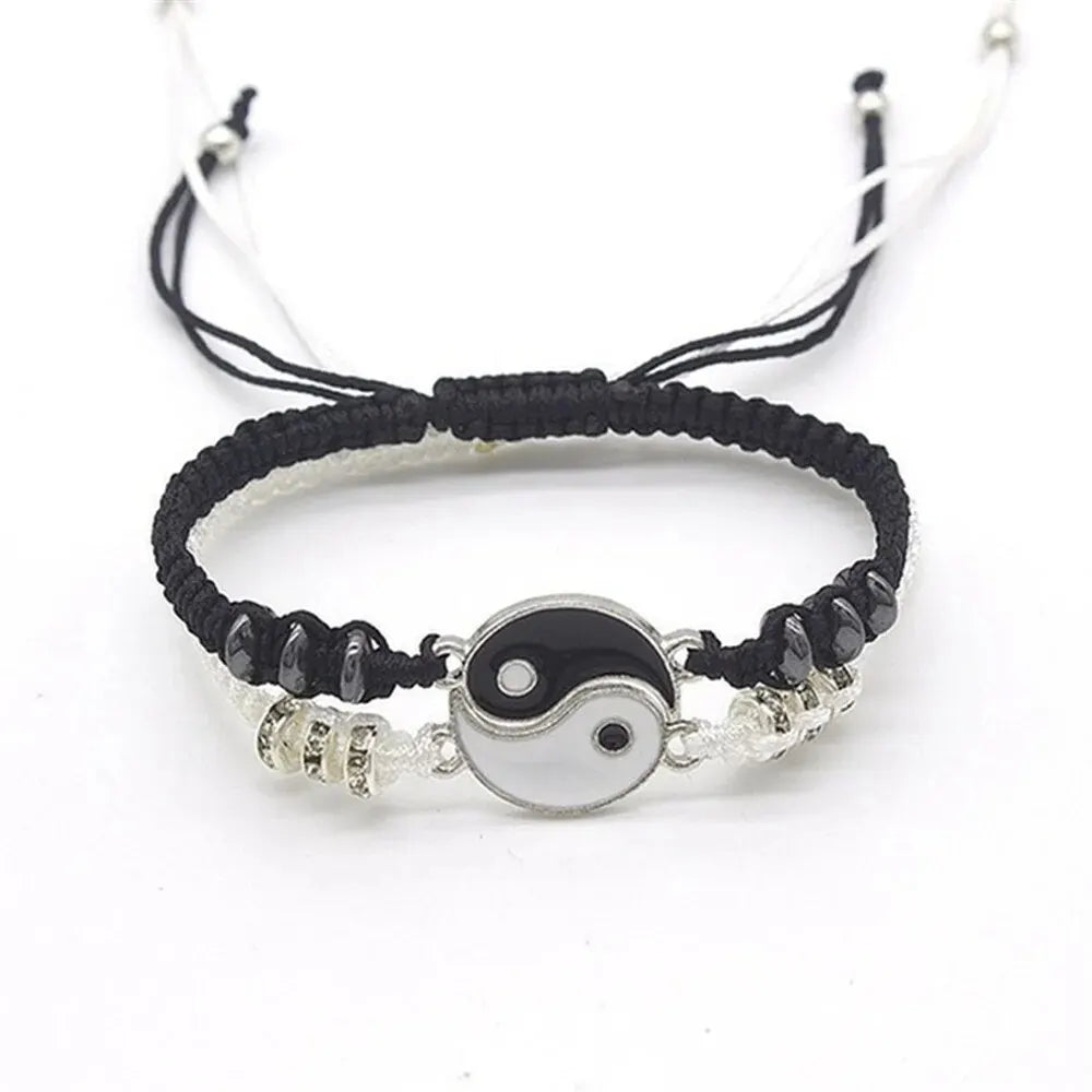 Couple Black White Tai Chi Adjustable Bracelet Rope Chain Set
