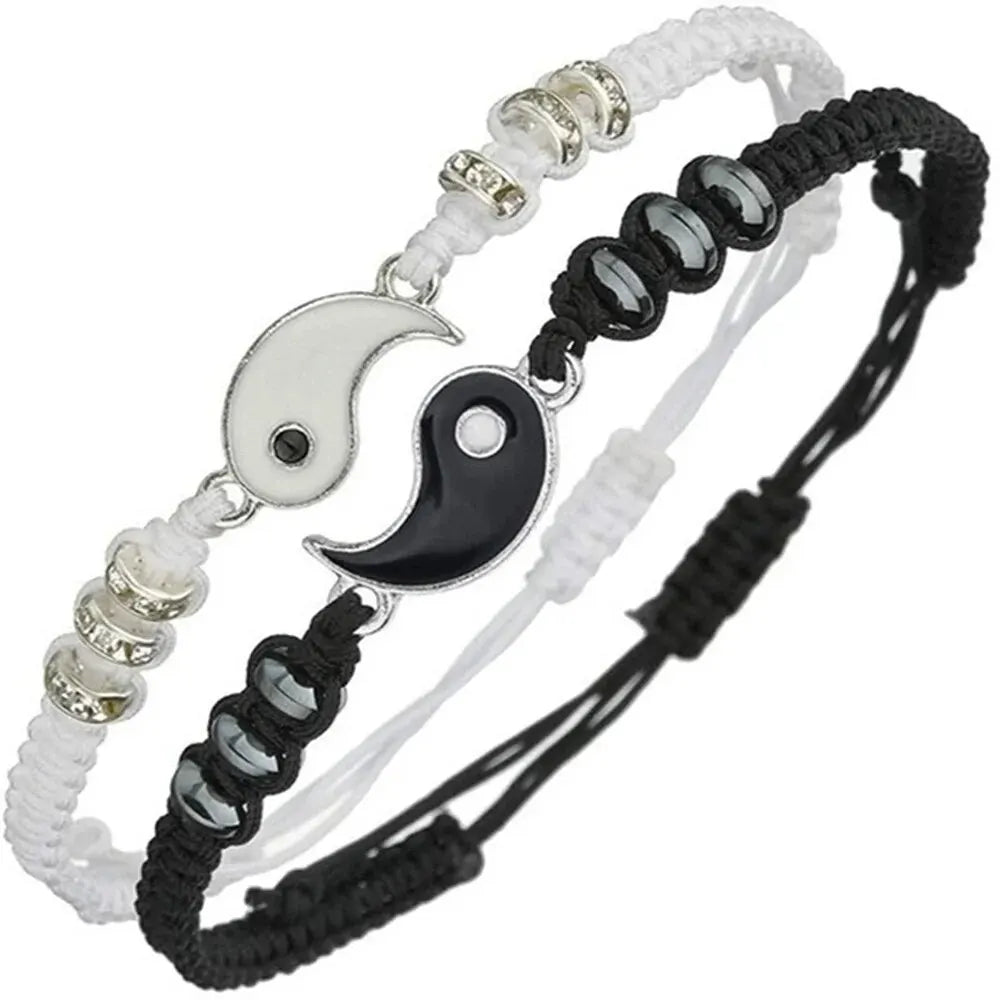 Couple Black White Tai Chi Adjustable Bracelet Rope Chain Set