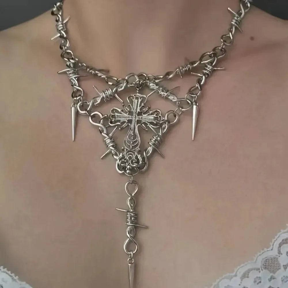 Y2K Gothic Cross Necklace for Women Men Jewelry Cross Pendant Punk Barbed Wire Thorns Metal Necklace Jewelry